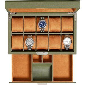 Leather Watch Box with Glass Top 10 Slot Display Valet Drawer Jewelry Holder
